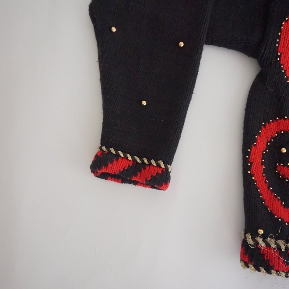 Vintage Gantos Black Knit Red Beaded Swirl Button Up Sweater M - Picture 8 of 13